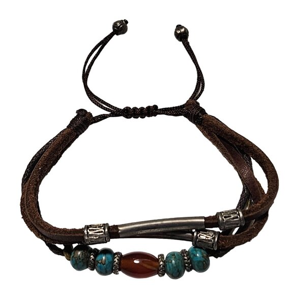 Boho Mixed Bead Leather Adjustable Bracelet Turquoise Beads Unisex Jewelry - Picture 2 of 5